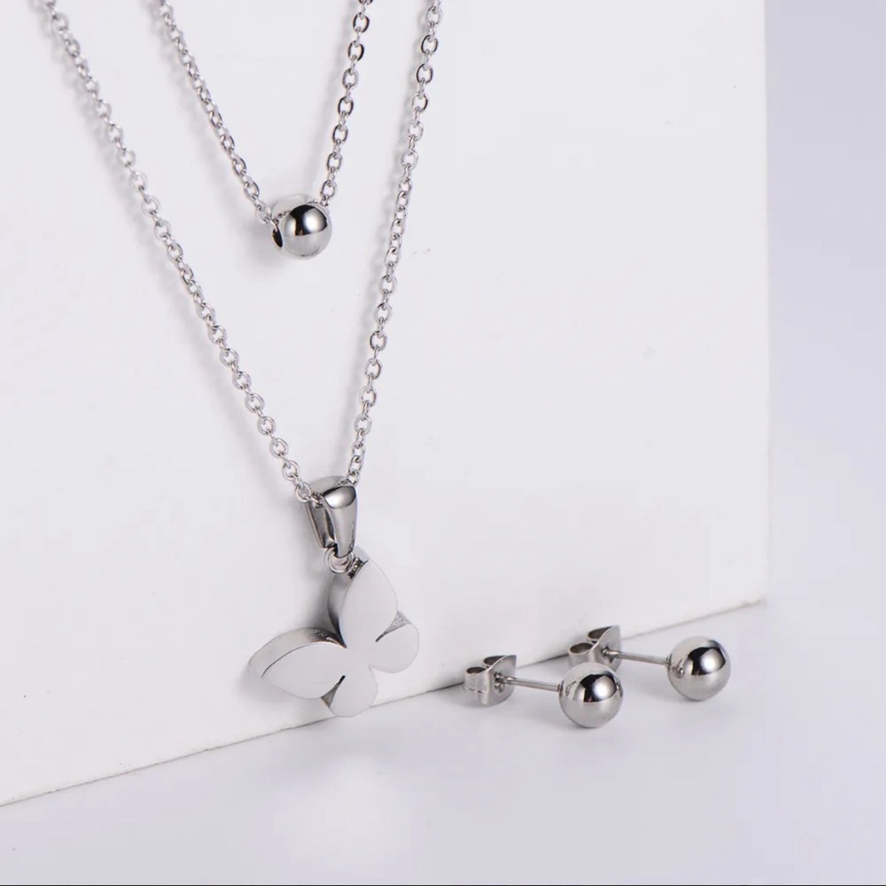 Round Bead Butterfly Pendant Titanium Steel Necklace Earrings Set